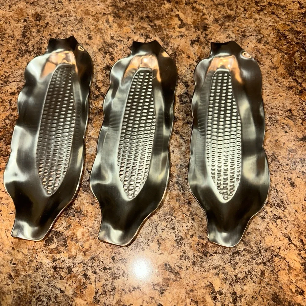 Crate & Barrel Set of Three Stainless Steel Corn Trays